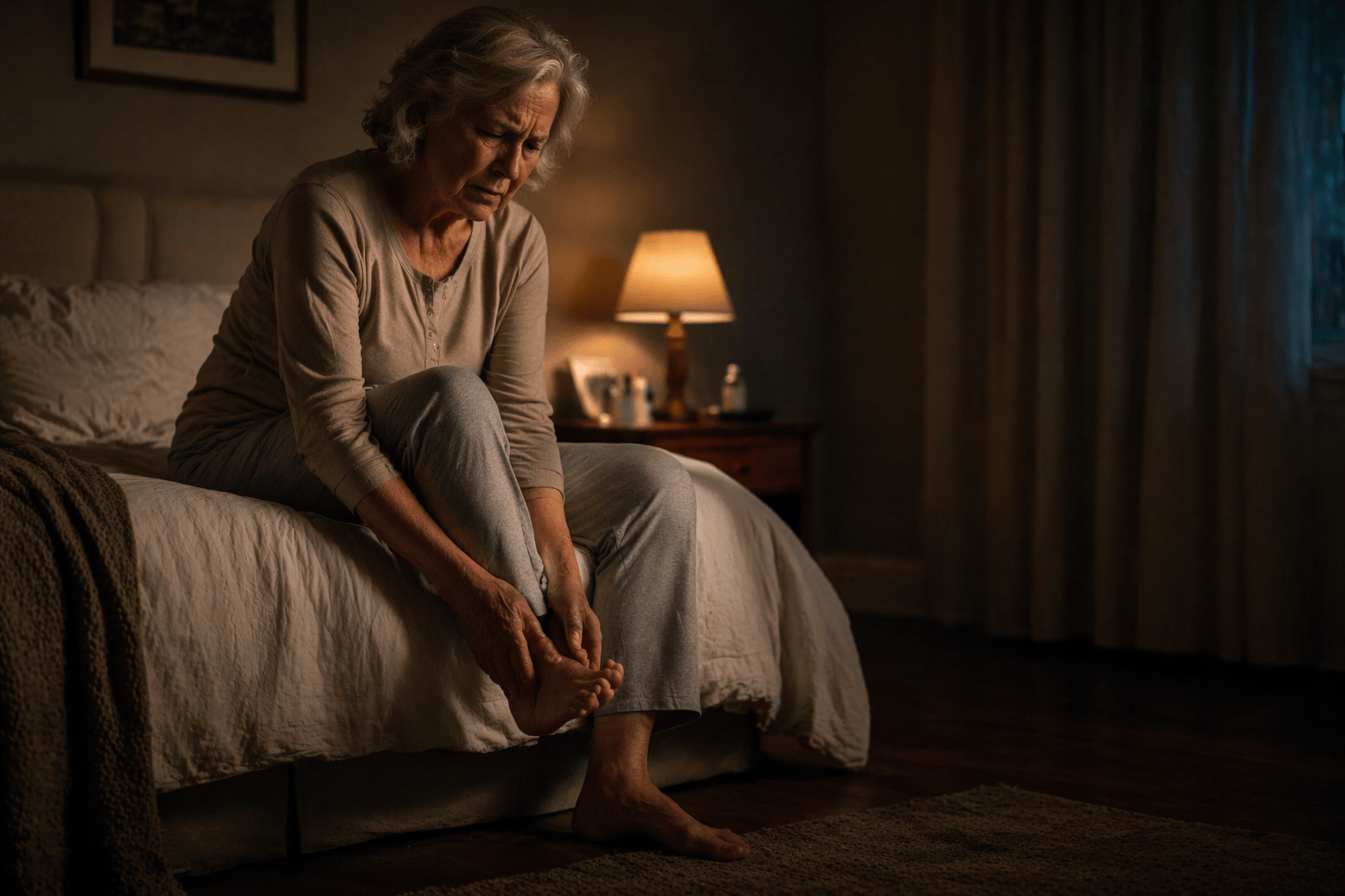 Person sitting at home looking at their feet with concern